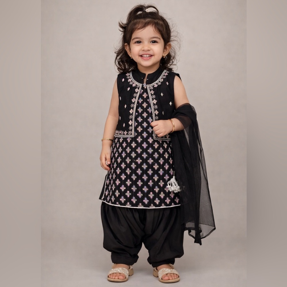 Black Salwar Suit Toddler Girl Phulkari Embroidery Indian Traditional Outfit Set